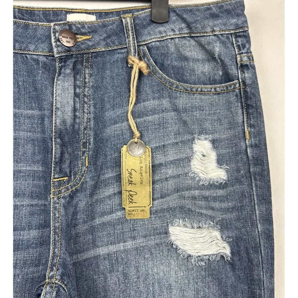 Sneak Peak Womens Medium Blue Relaxed‎ Straight Leg Cuffed Distressed Jeans NWT